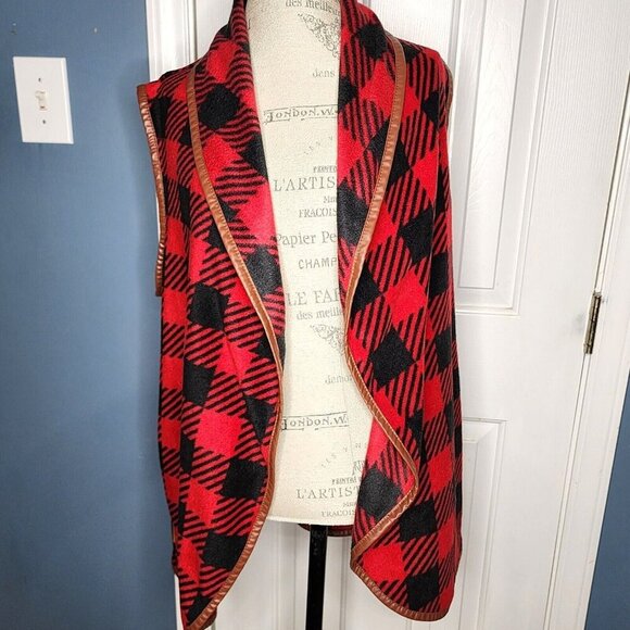 Simply Southern Sleeveless Fleece Cardigan Womens L Open Red Check Plaid Vest - Picture 1 of 11